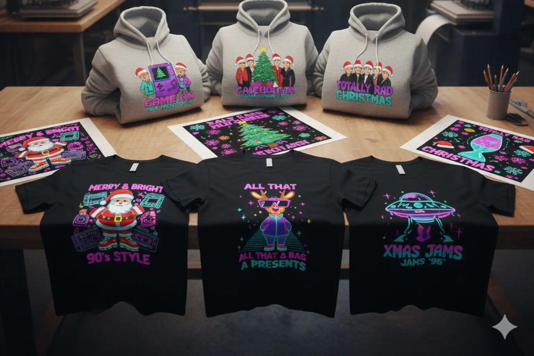 6 Trending Christmas DTF Transfer Designs Inspired by 90s Pop Culture for Shirts and Hoodies